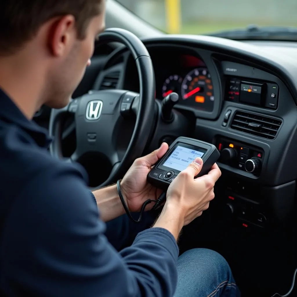 Mécanicien utilisant un scanner OBD sur une Honda Prelude