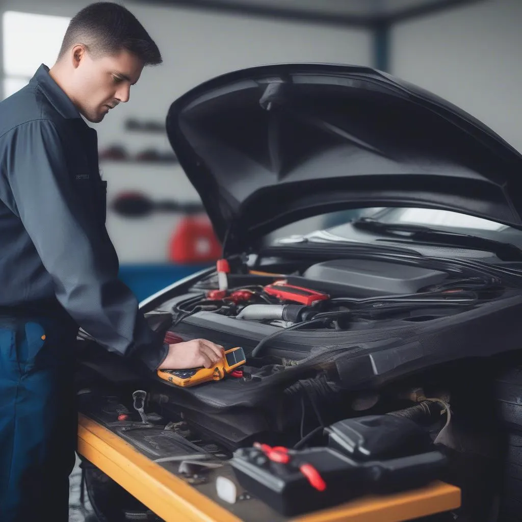 Mécanicien utilisant un outil de diagnostic