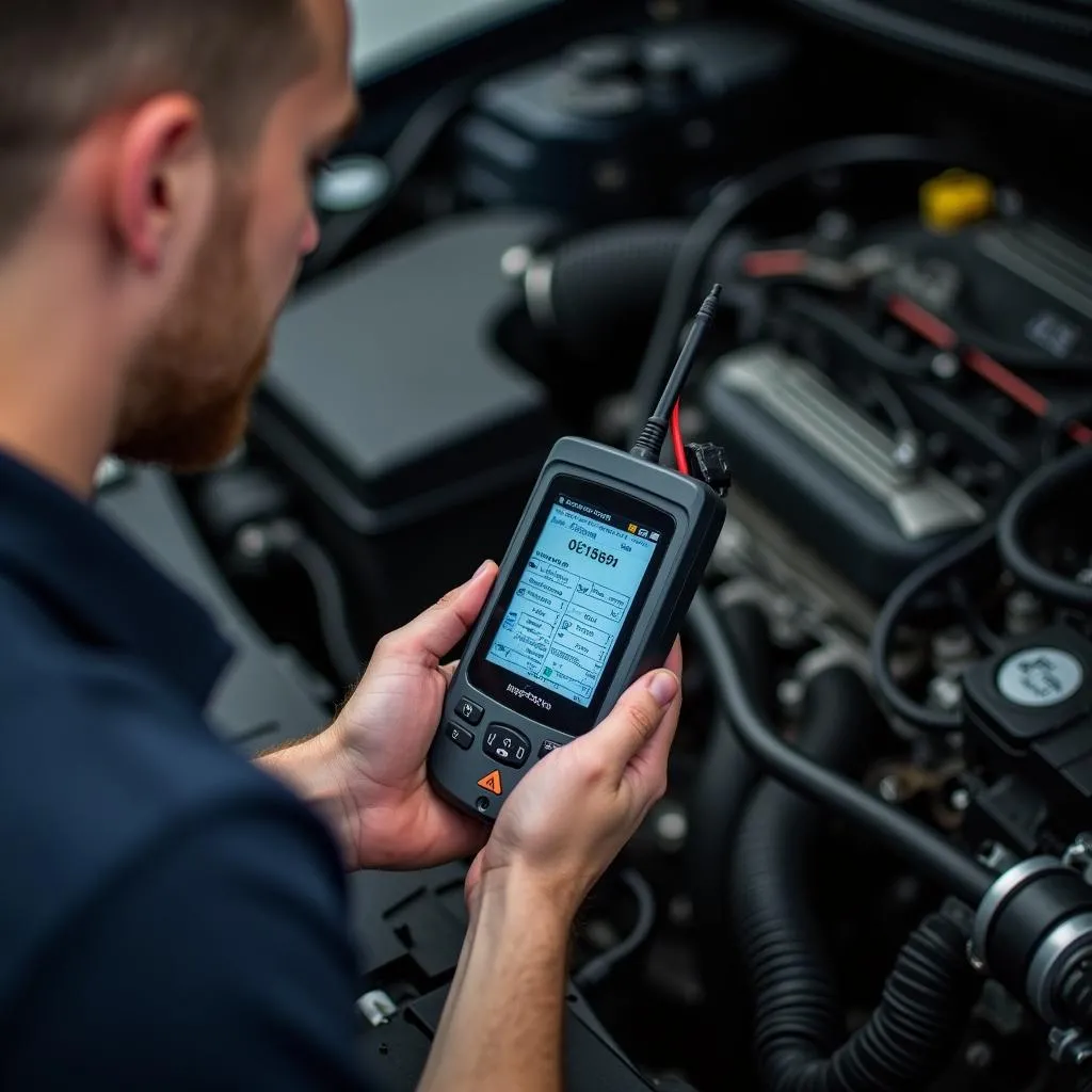 Mécanicien effectuant un diagnostic moteur avec un outil de numérisation