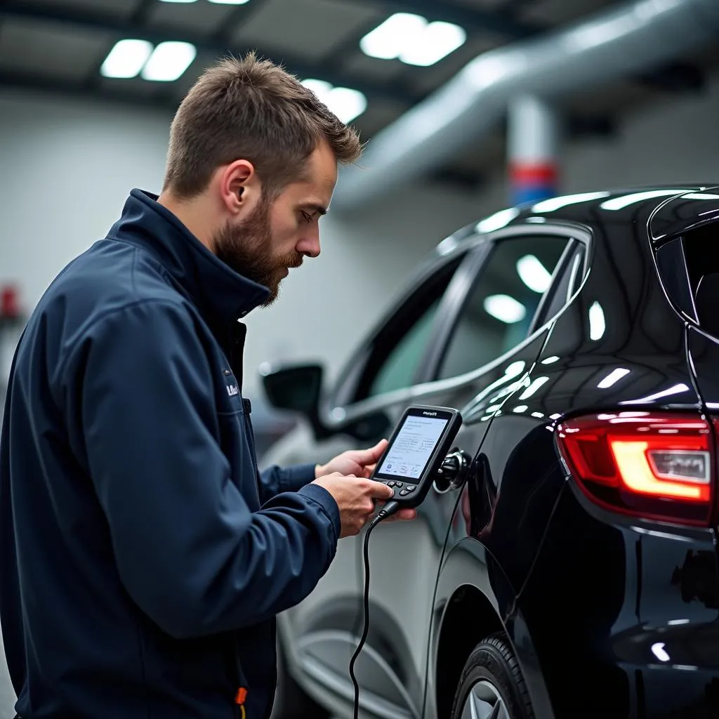 Mécanicien effectuant un diagnostic sur une Renault Clio