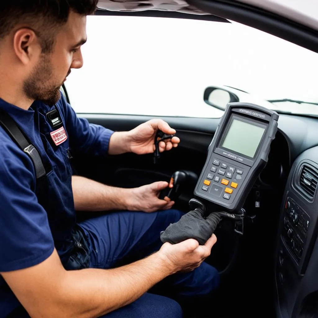 Mécanicien effectuant un diagnostic sur une voiture à l'aide d'un outil de diagnostic