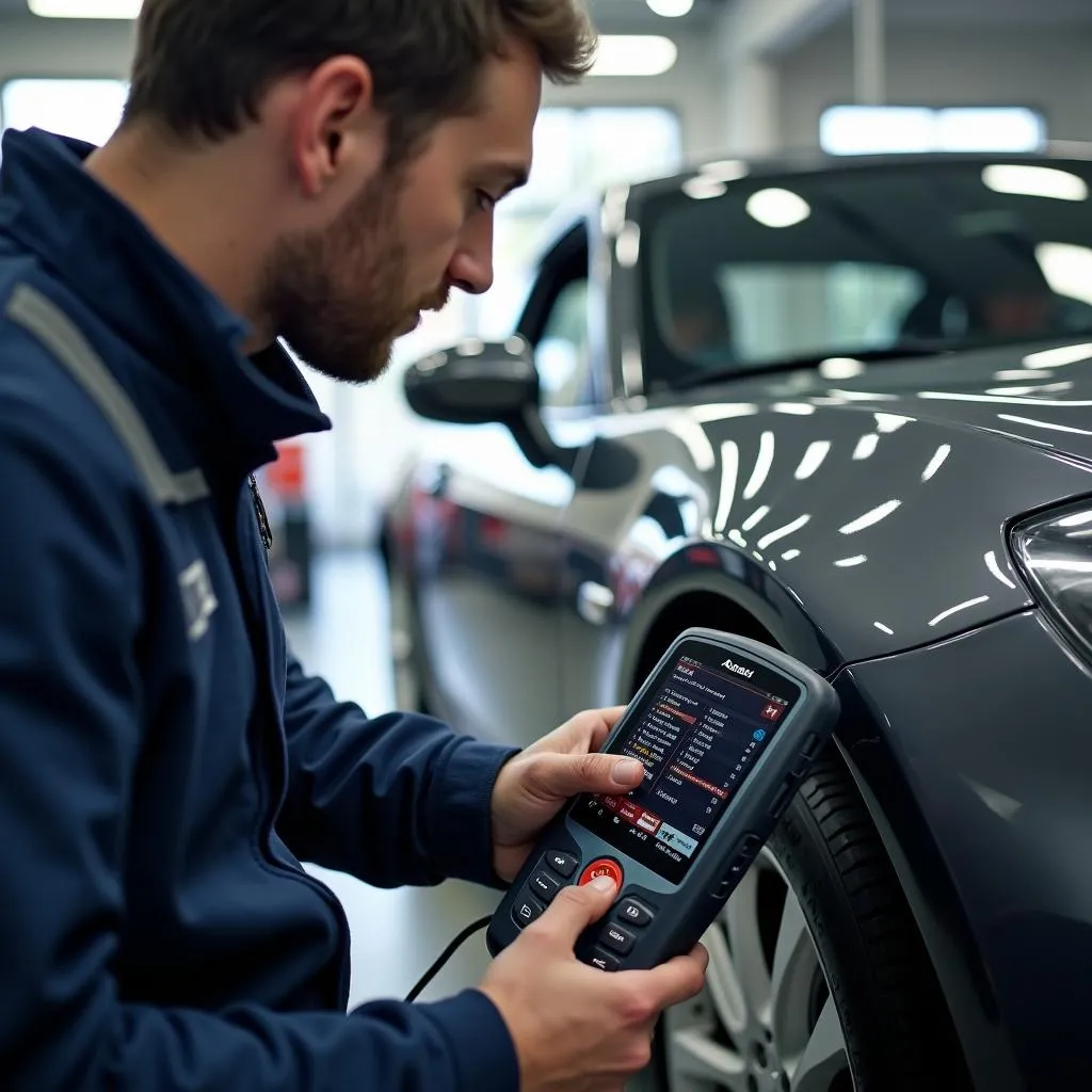 Mécanicien utilisant un outil de diagnostic Autel sur une voiture