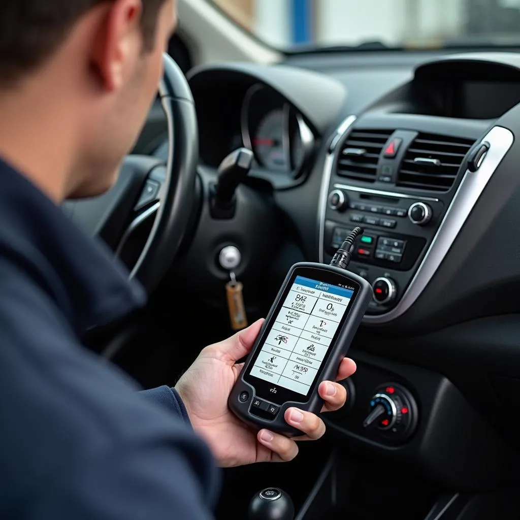 Mécanicien utilisant un outil de diagnostic OBD2 sur une Chevrolet Spark