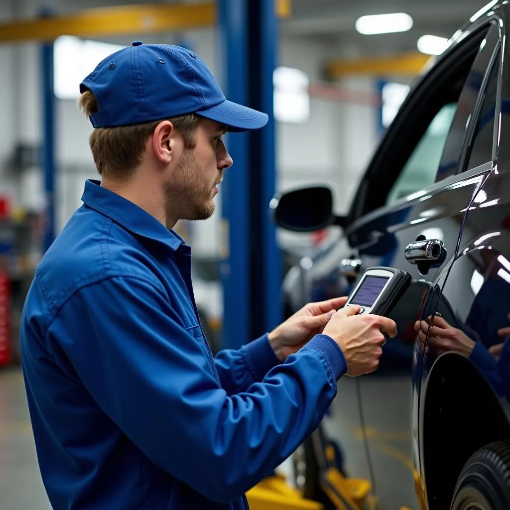 Mécanicien Diagnostiquant une Chrysler 300 avec un Scanner OBD-II