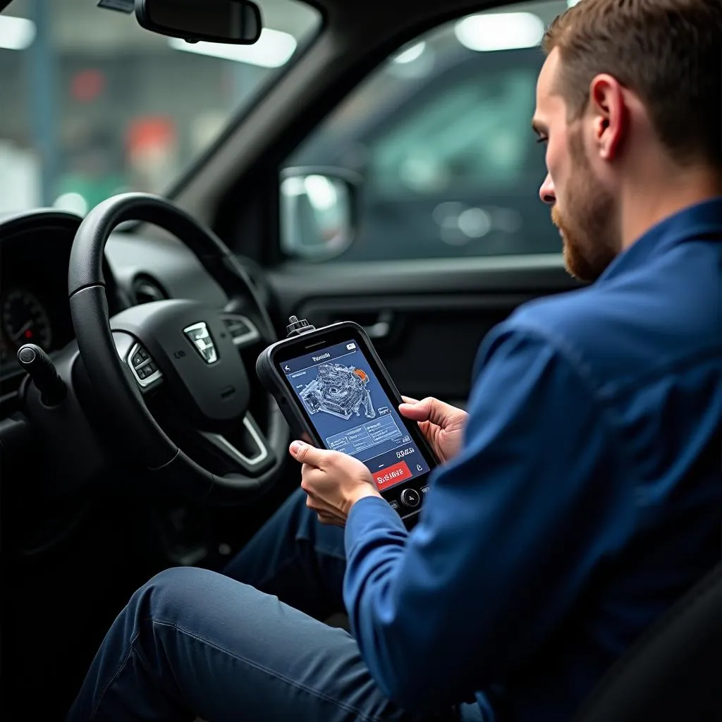 Mécanicien Diagnostiquant une Dacia Logan 2007 avec une Valise de Diagnostic