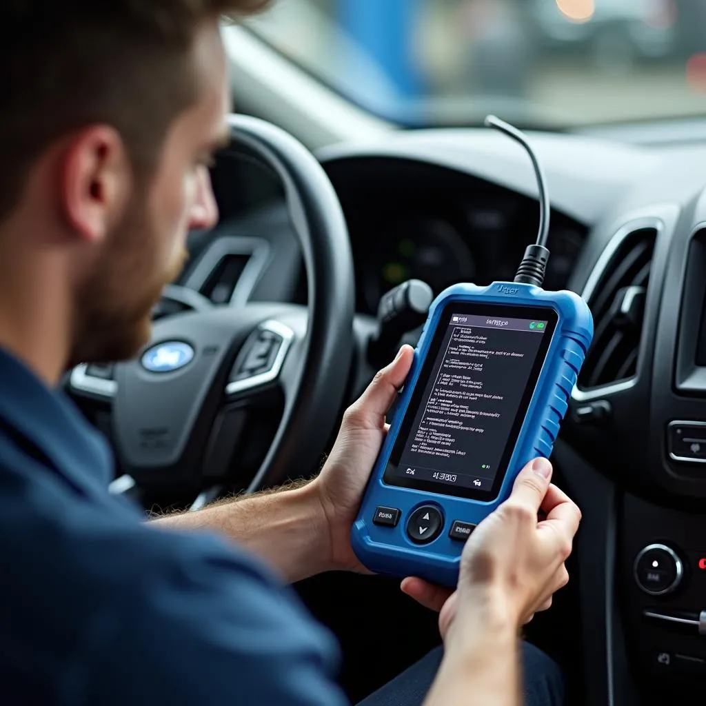 Mécanicien utilisant Autel MaxiSys pour diagnostiquer une Ford