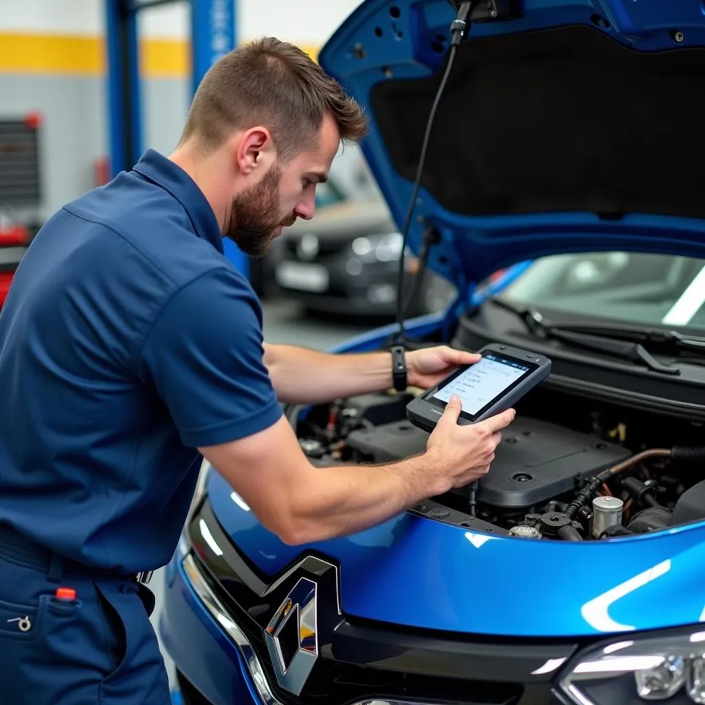 Mécanicien diagnostiquant une panne électrique sur une Renault avec un scanner d'atelier