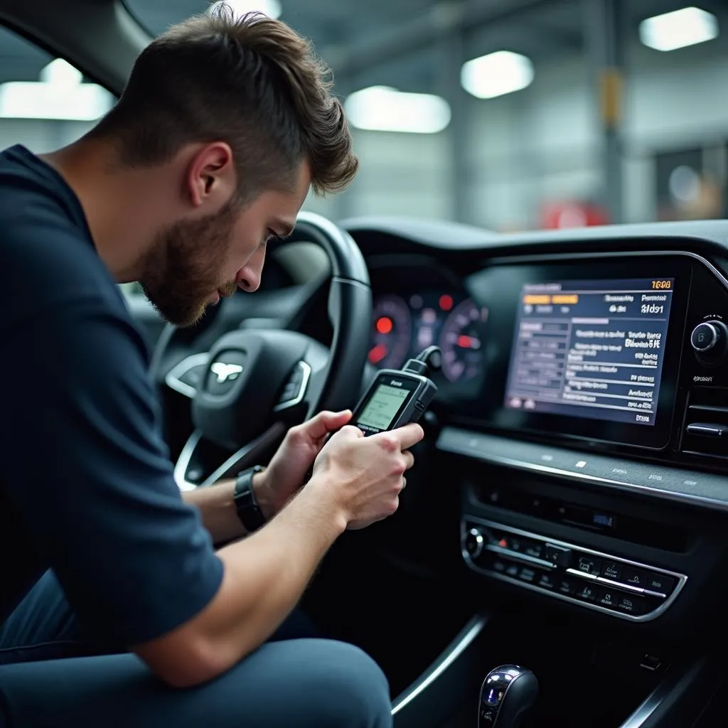 Mécanicien utilisant un outil de diagnostic pour identifier la panne d'une voiture française