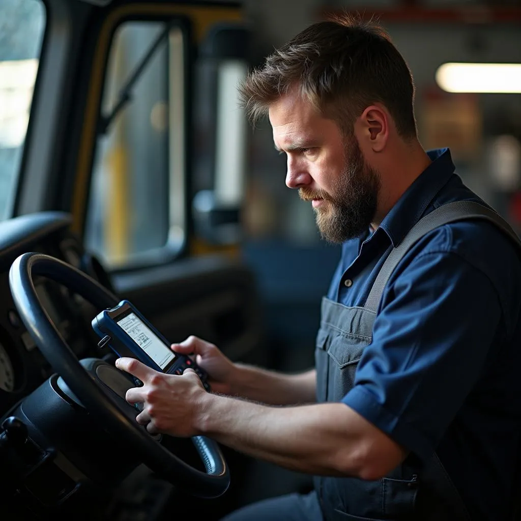 Mécanicien utilisant un outil de diagnostic sur un camion Freightliner