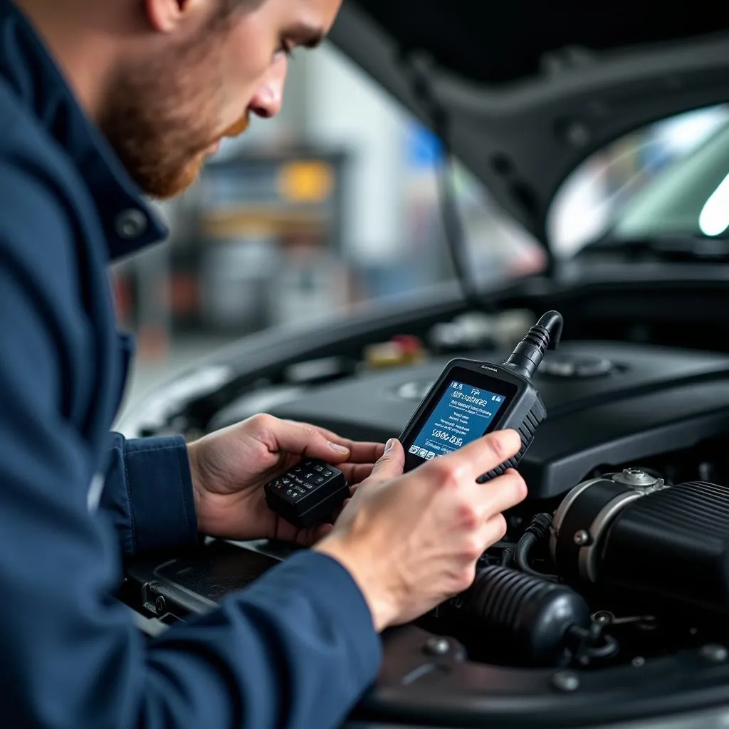 Mécanicien diagnostiquant un problème de moteur sur une Saab