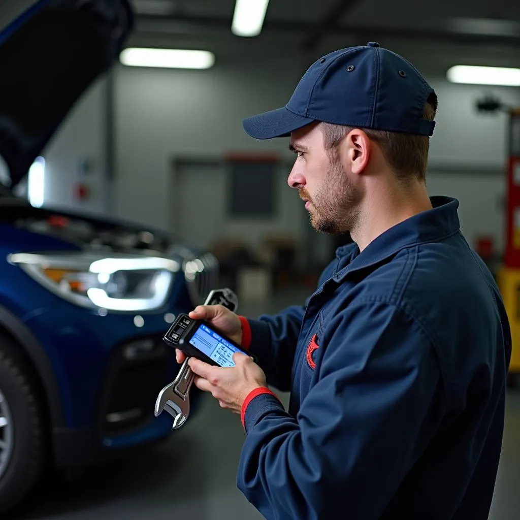 Mécanicien diagnostiquant un problème moteur avec un scanner OBD2