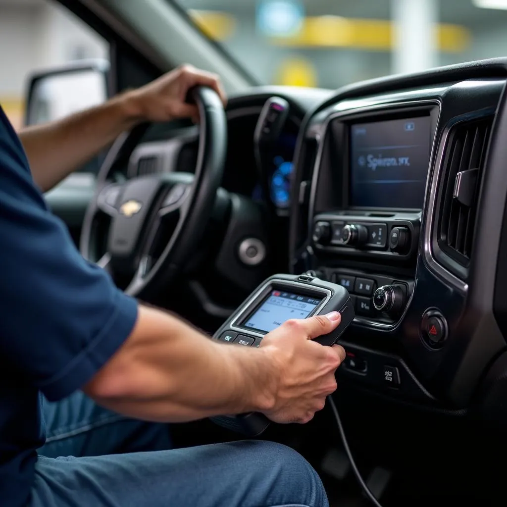 Mécanicien diagnostiquant une Chevrolet Silverado avec un outil de scan