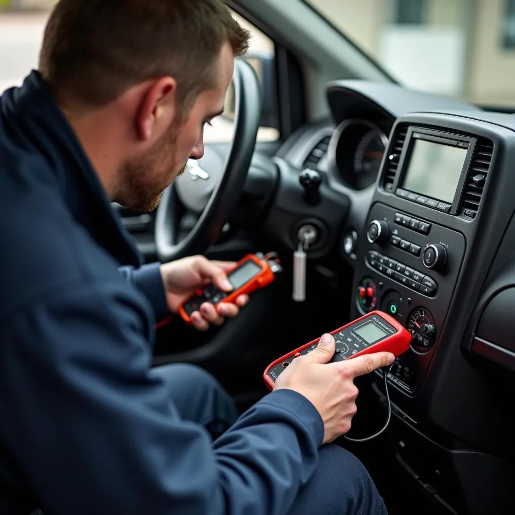 Mécanicien diagnostiquant le système de démarrage d'une Chrysler