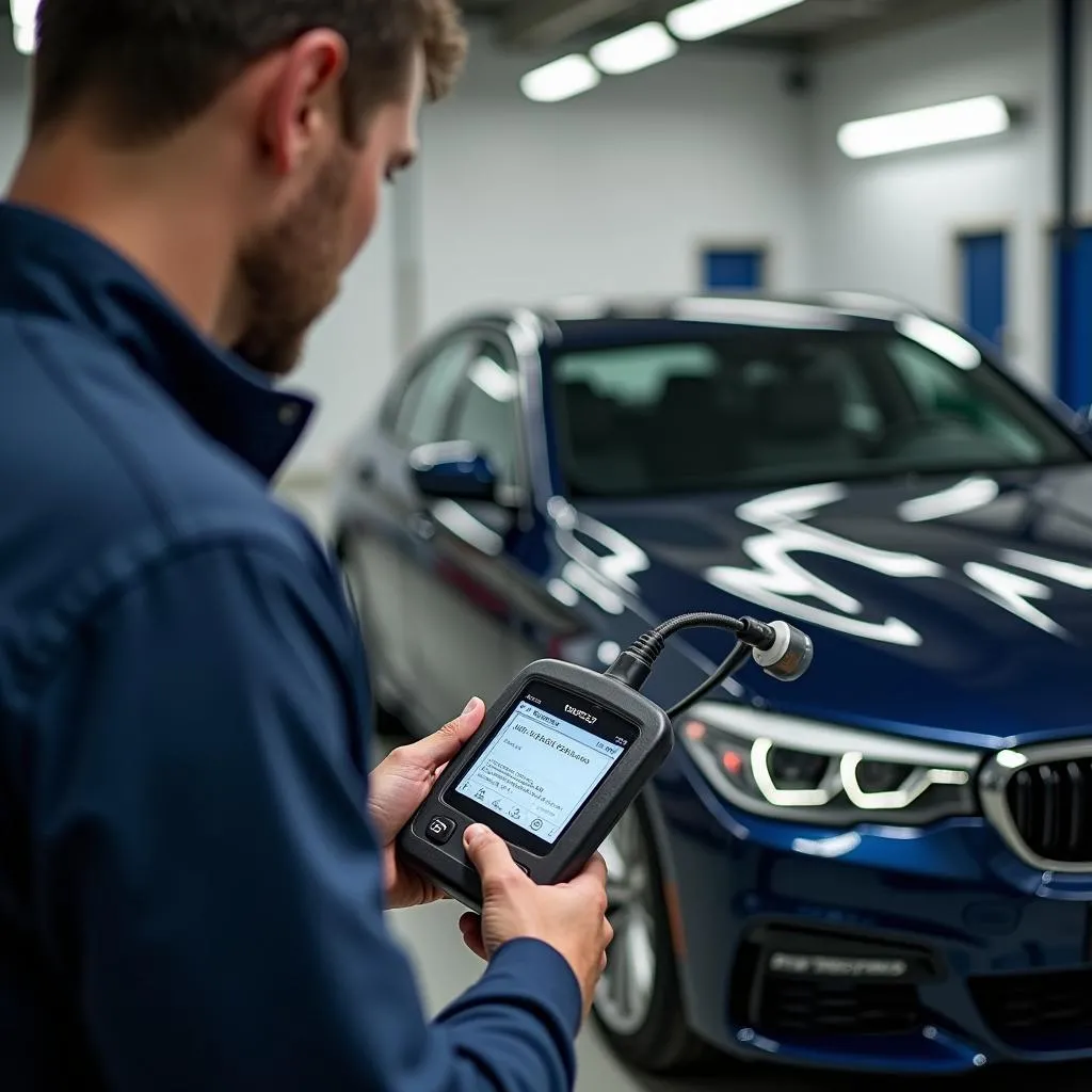 Mécanicien utilisant un outil de diagnostic sur une BMW en mode dégradé