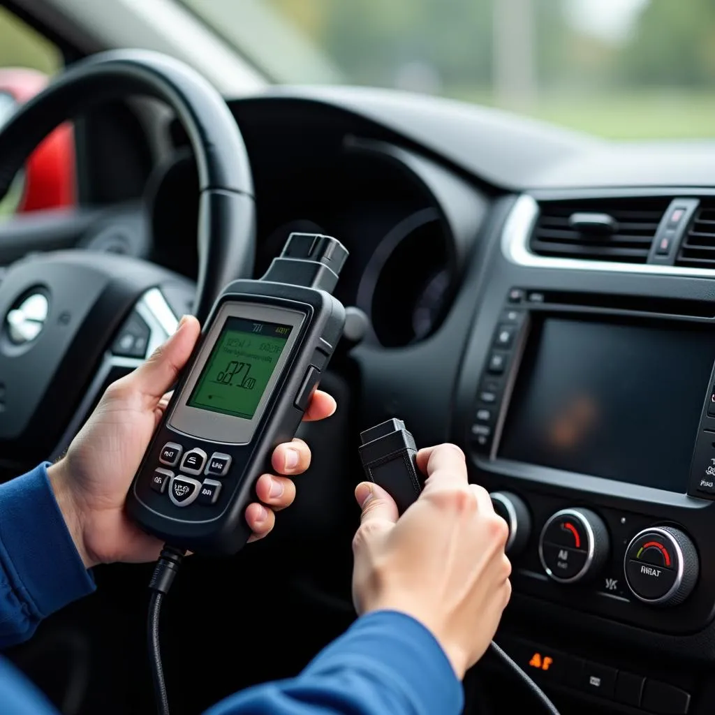 Mécanicien diagnostiquant une voiture à l'aide d'un outil de diagnostic OBD-II