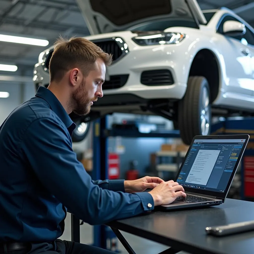 Mécanicien utilisant un ordinateur portable pour diagnostiquer un problème de voiture