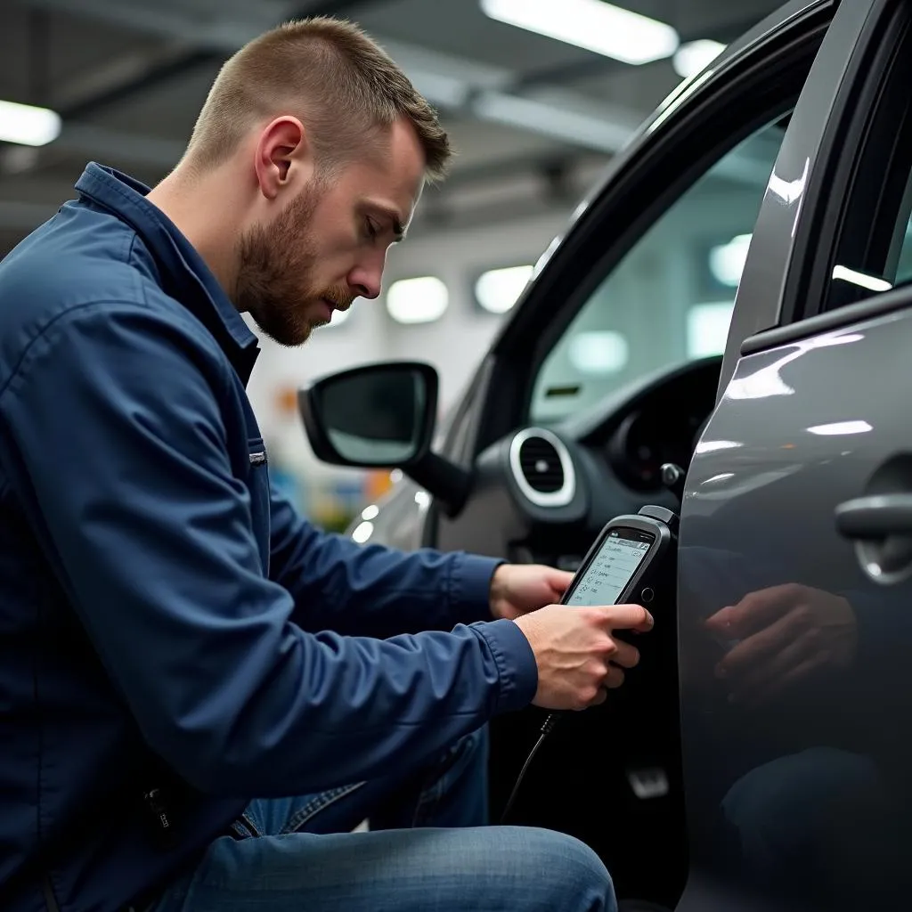 Mécanicien utilisant un outil de diagnostic sur une Renault Clio