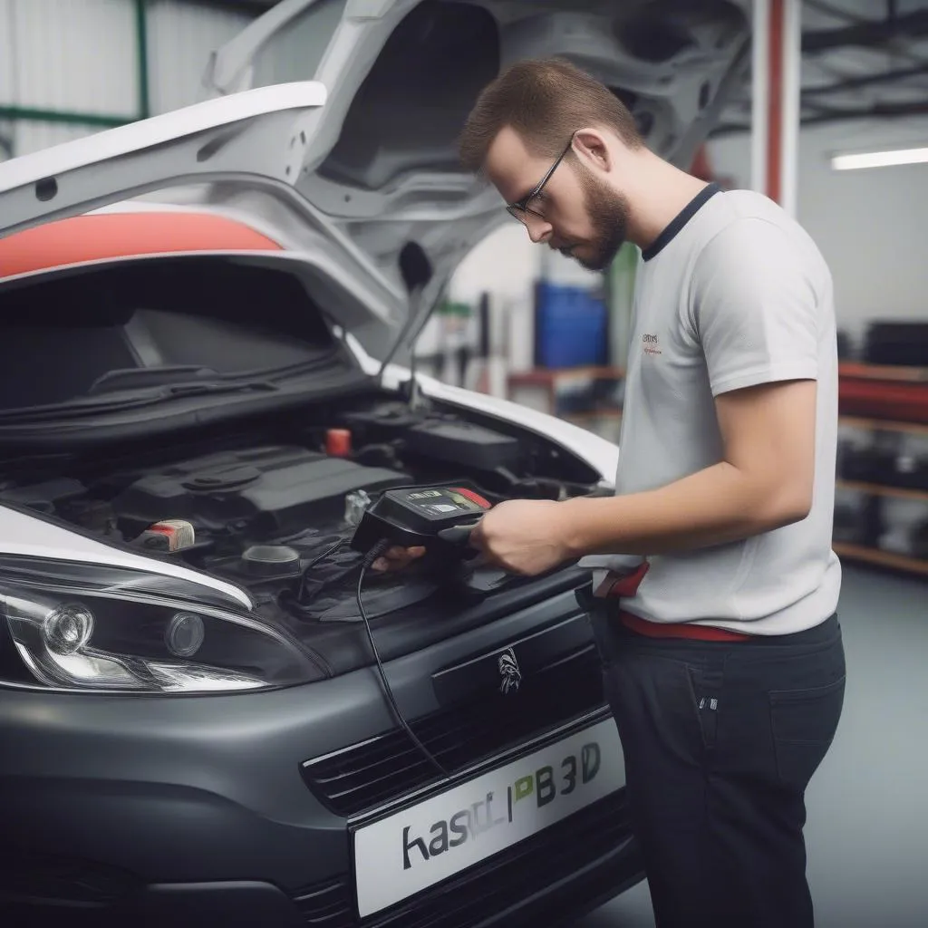 Mécanicien Diagnostiquant une Peugeot 308 avec un Scanner OBD II