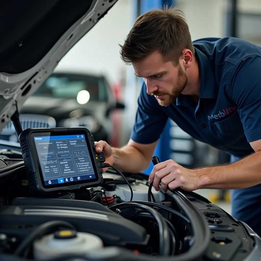 Mécanicien utilisant un outil de diagnostic pour identifier un problème de moteur sur une BMW Série 3