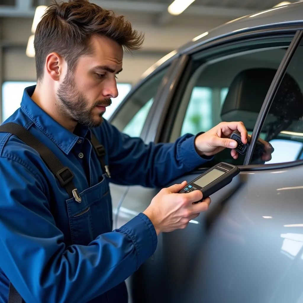 Un mécanicien diagnostique un problème de vitre électrique sur une Renault Clio