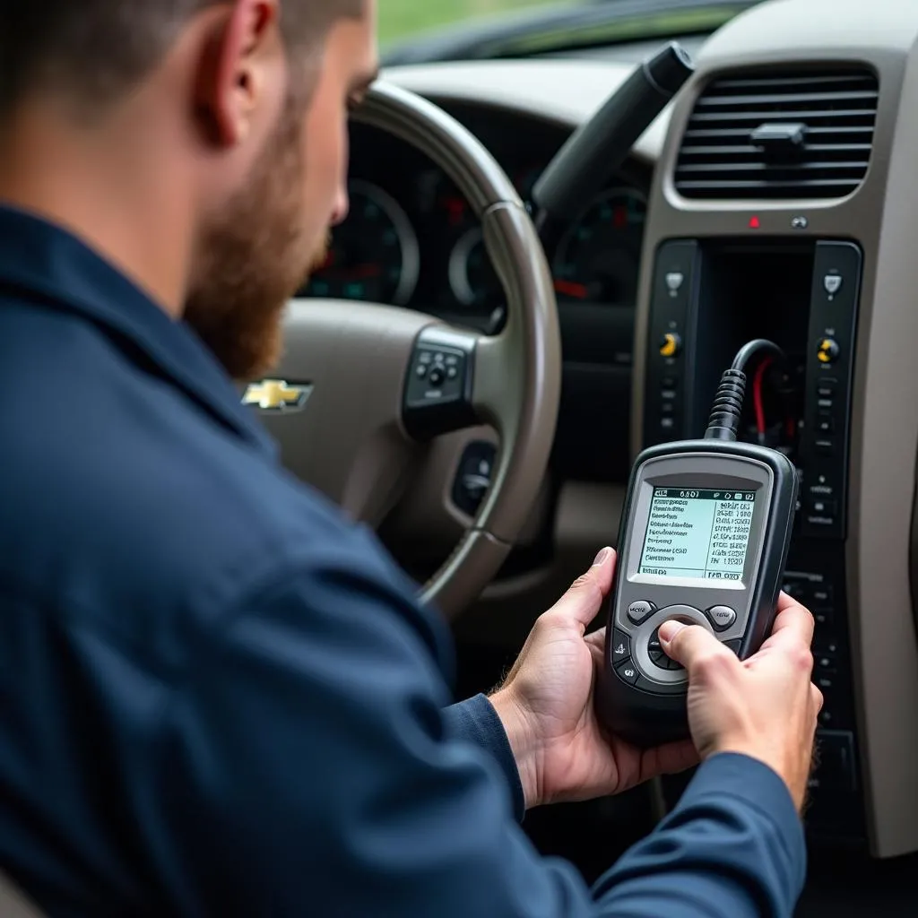 Un mécanicien utilisant une valise de diagnostic sur un Chevrolet Suburban 2008