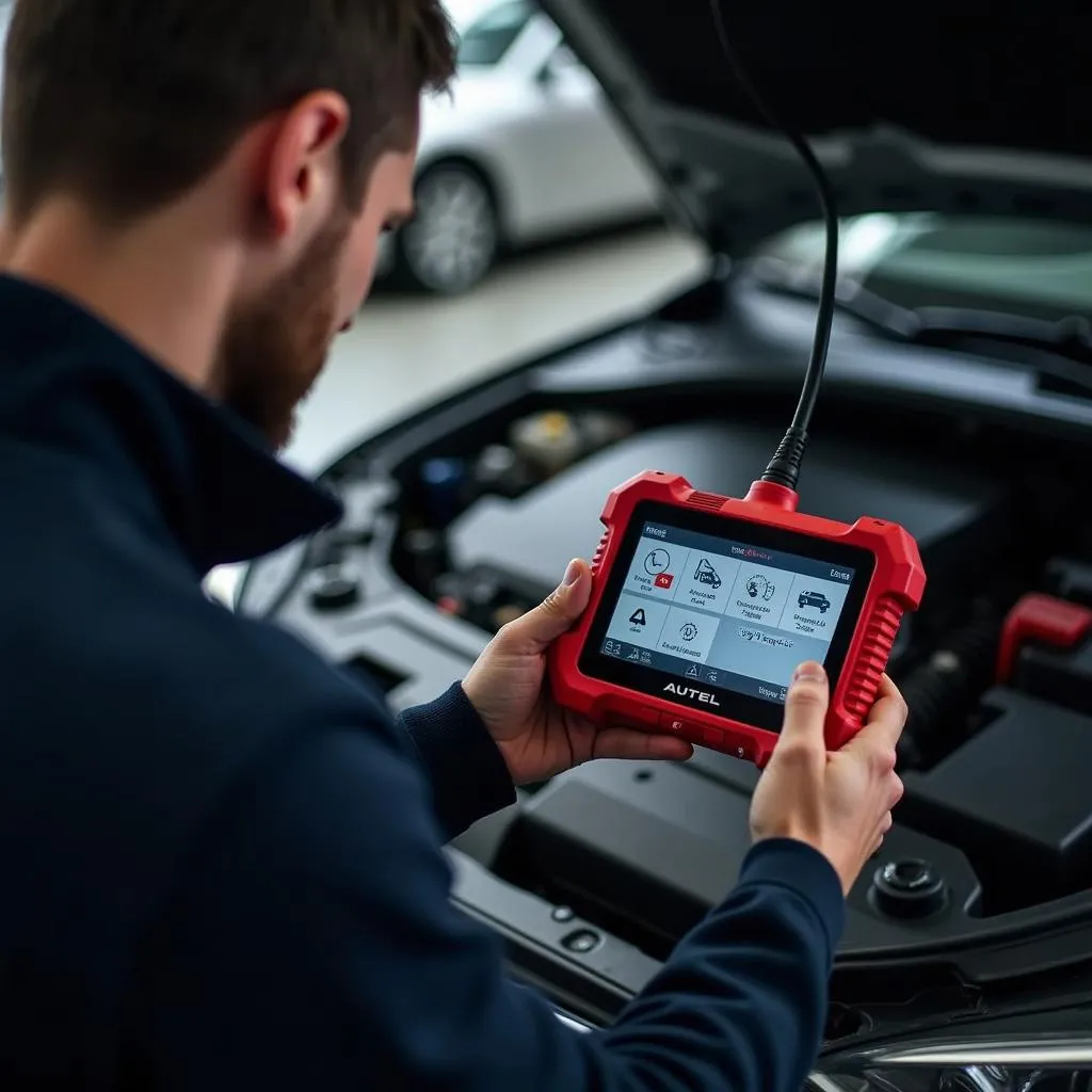 Mécanicien utilisant un outil de diagnostic Autel sur une voiture