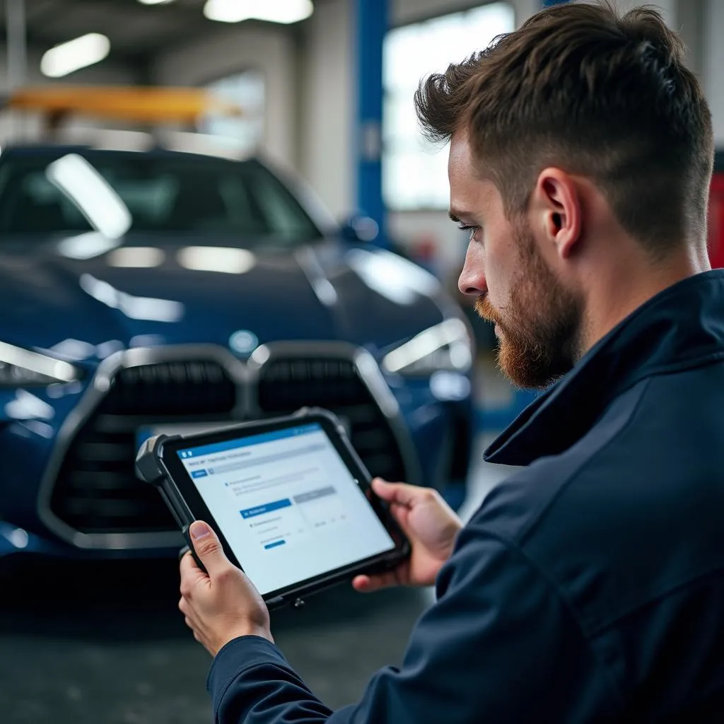 Mécanicien utilisant DTNA Login Portal pour diagnostiquer une voiture