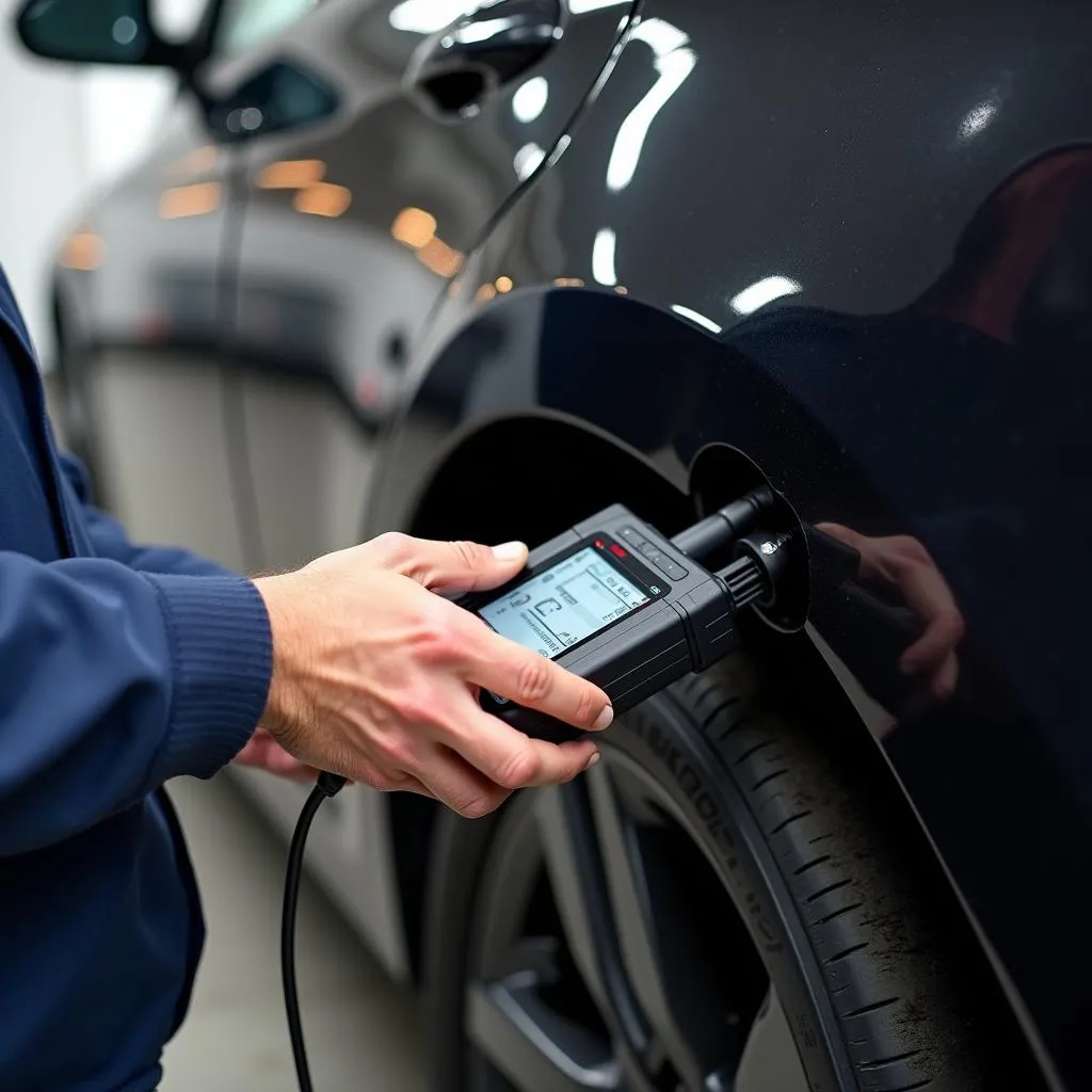 Mécanicien diagnostique une voiture avec une valise diagnostique