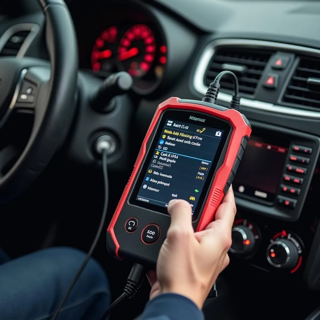 Mécanicien diagnostiquant une voiture avec un outil de diagnostic