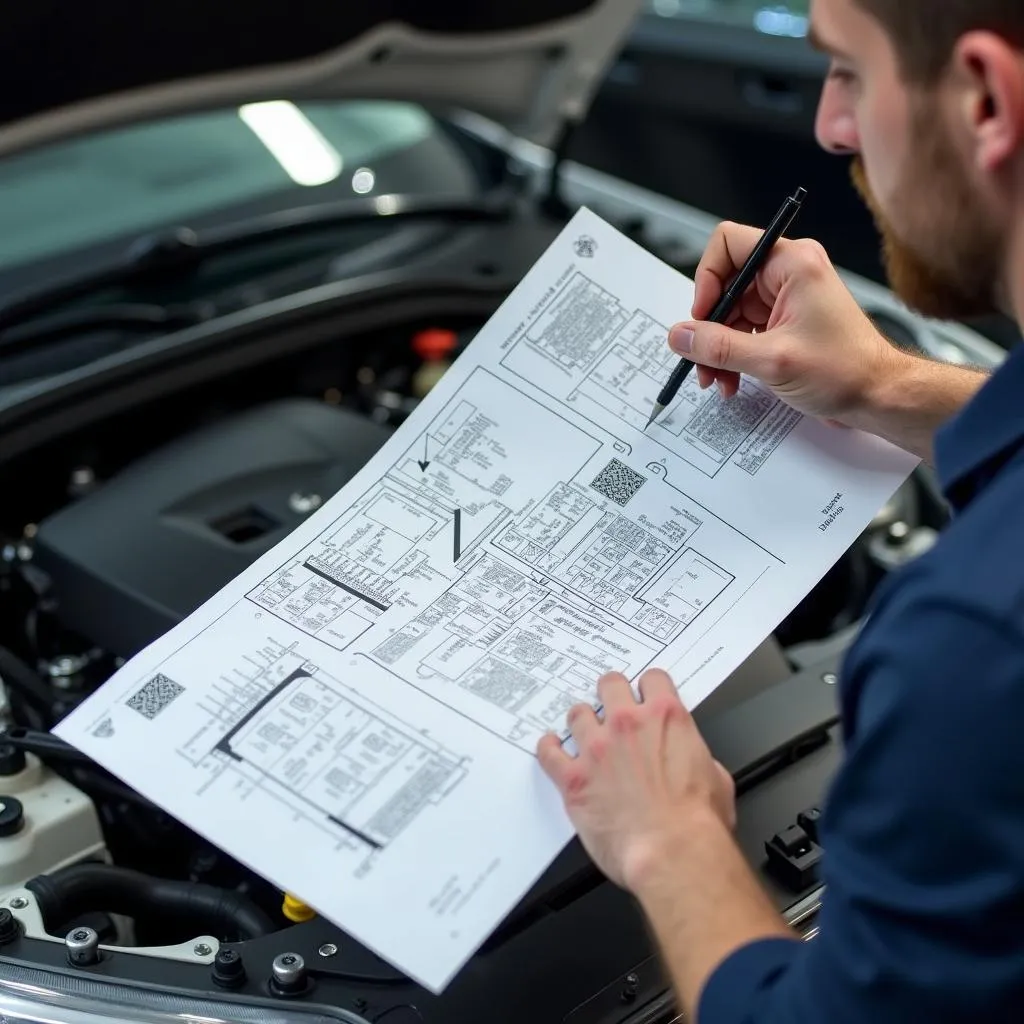 Mécanicien utilisant un plan autel pour diagnostiquer une panne électrique sur une voiture