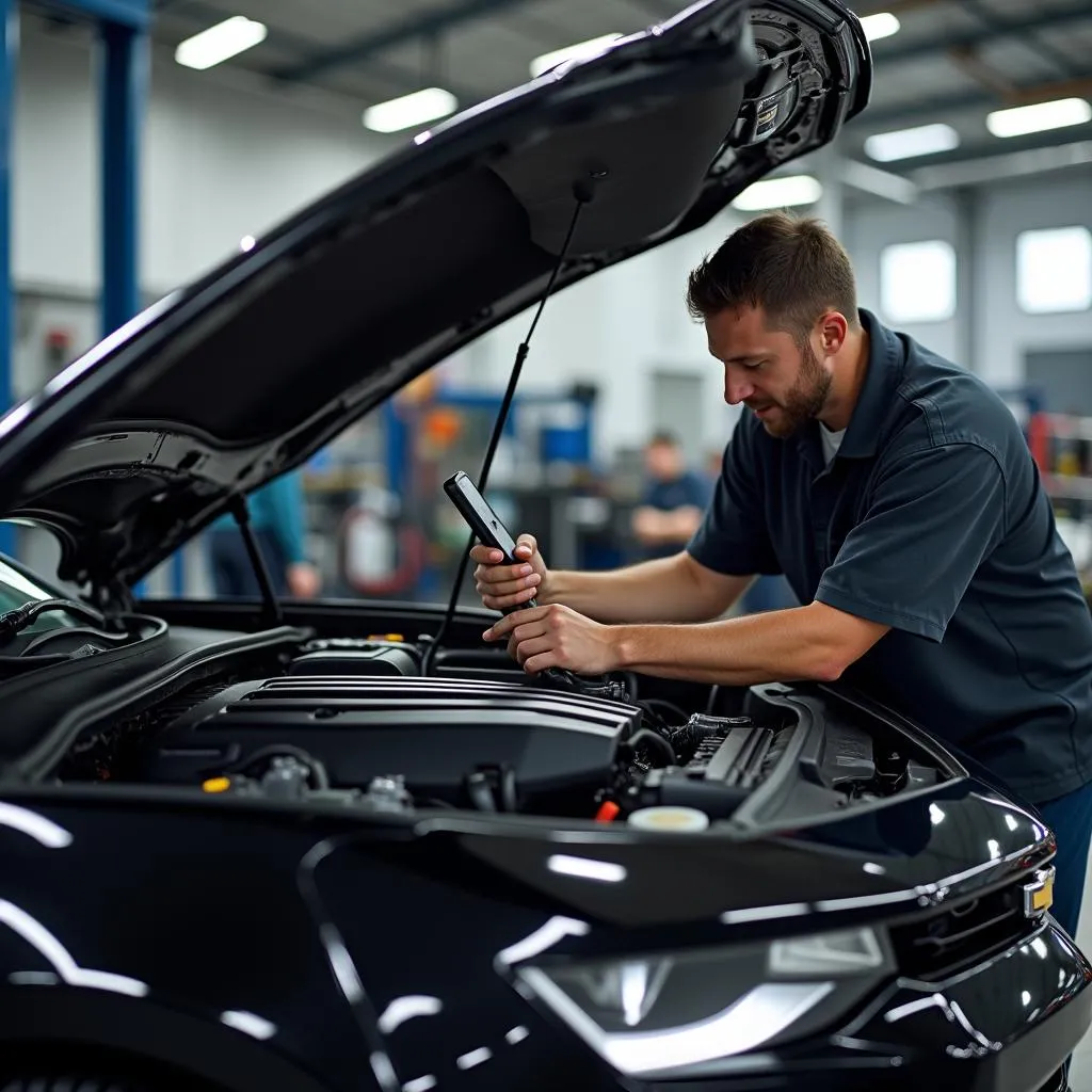 Mécanicien examinant le moteur d'une Chevrolet Camaro