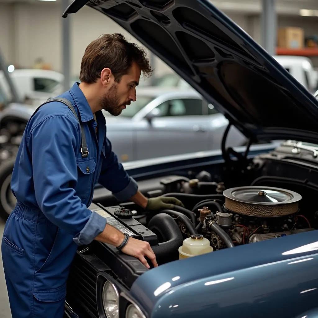 Mécanicien examinant le moteur d'une voiture ancienne