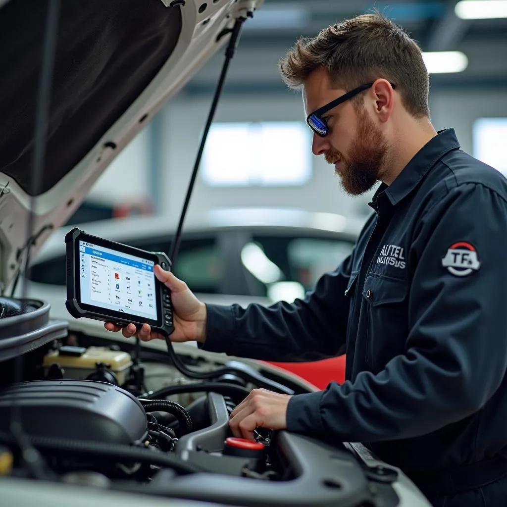 Mécanicien examinant le moteur d'une voiture avec Autel MS908