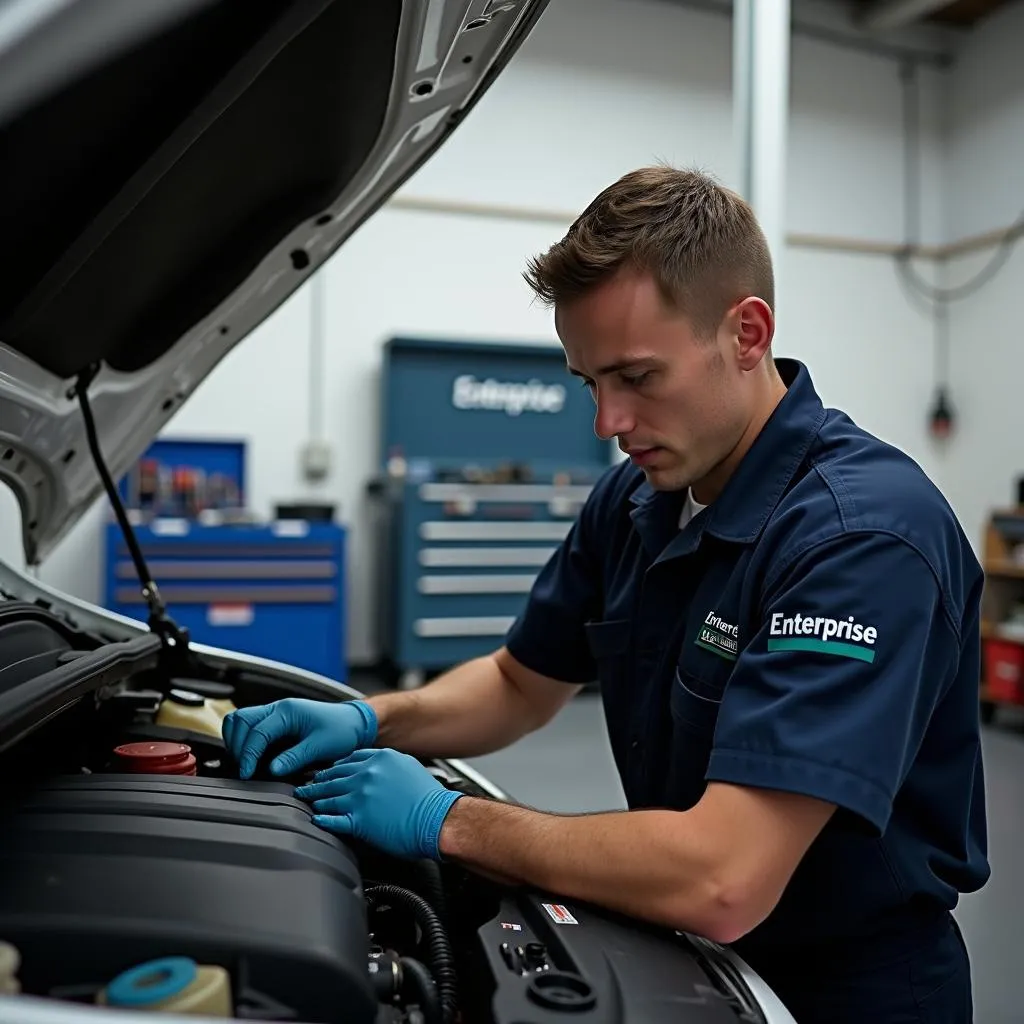 Mécanicien examinant une voiture dans un garage Enterprise