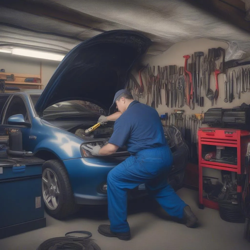 Mécanicien réparant une voiture dans un garage