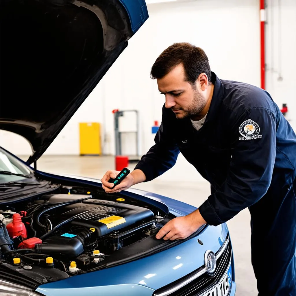 Mécanicien utilisant un outil de diagnostic dans un garage