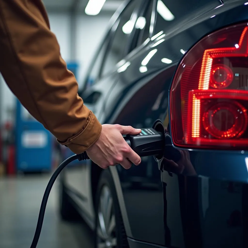 Mécanicien utilisant un analyseur OBD dans un garage