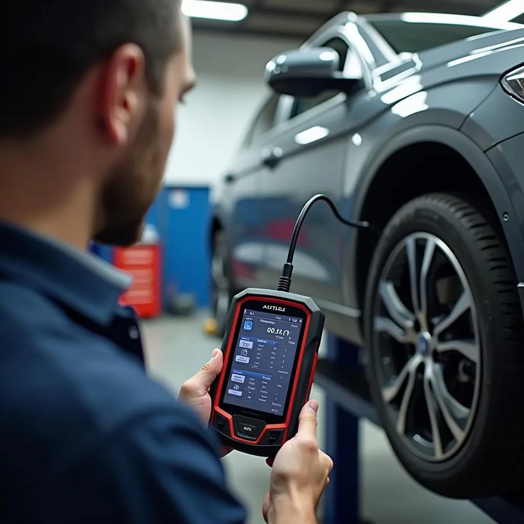 Un mécanicien dans un garage utilisant un Autel MaxiSys pour diagnostiquer une voiture