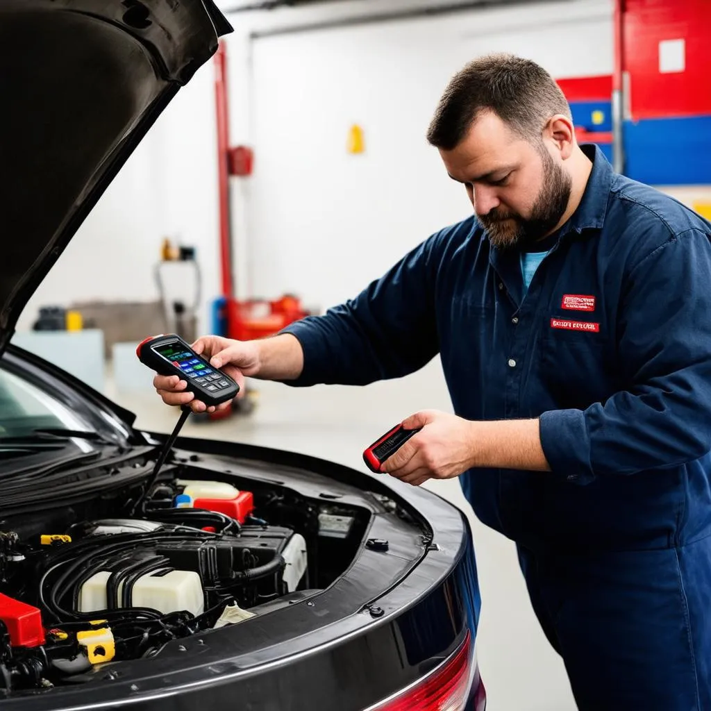 Mécanicien en train de passer une voiture à la valise diagnostic dans un garage