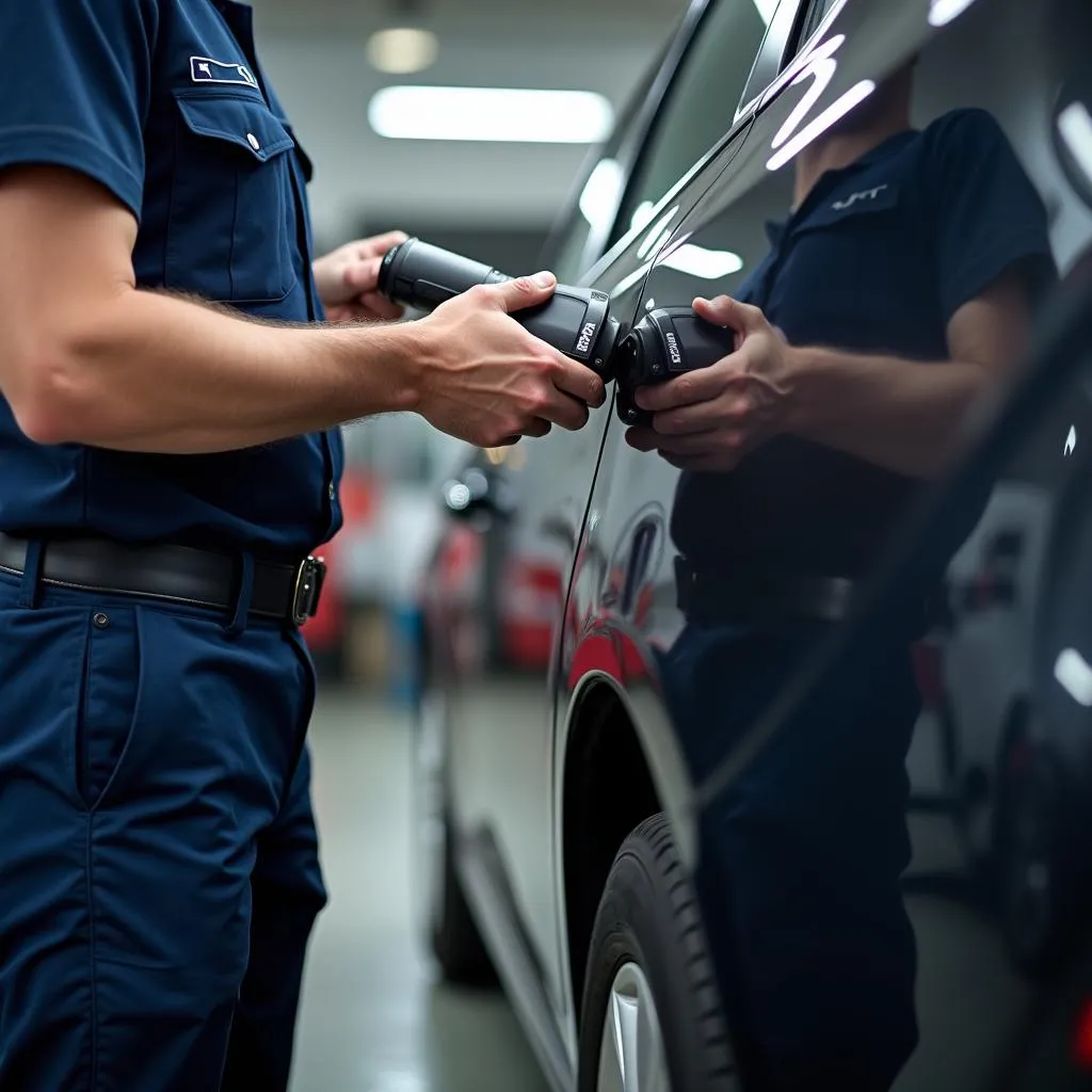 Mécanicien effectuant un diagnostic électronique sur une voiture dans un garage.