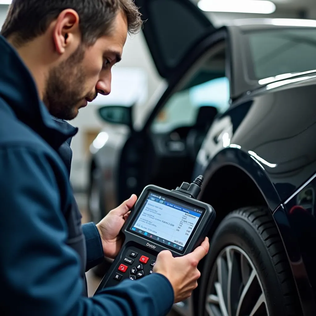 Mécanicien utilisant un outil de diagnostic sur une voiture dans un garage