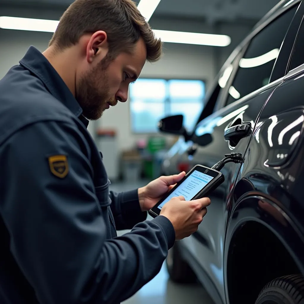 Mécanicien utilisant un flasheur sur une voiture dans un garage