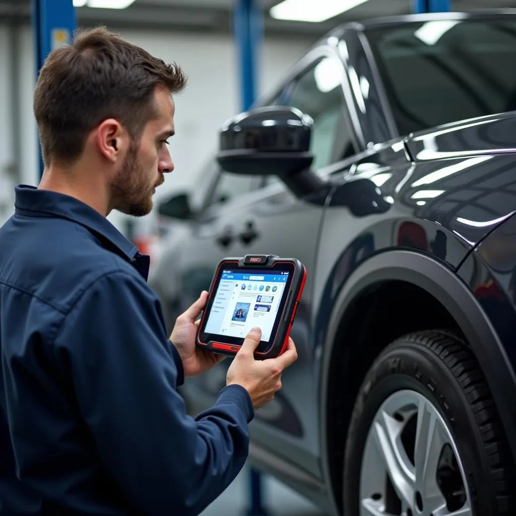 Mécanicien utilisant Autel MaxiSys dans un garage français