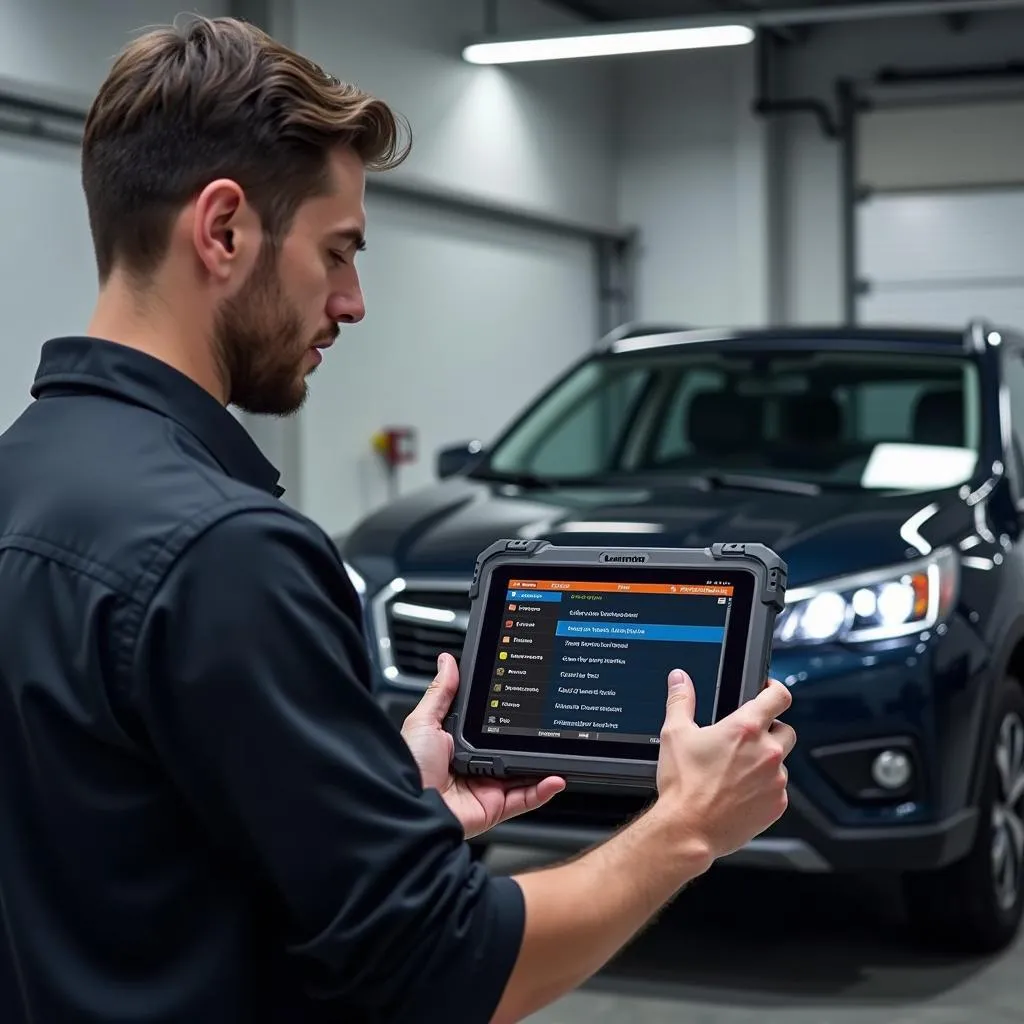 Mécanicien utilisant Launch X431 PAD2 dans un garage