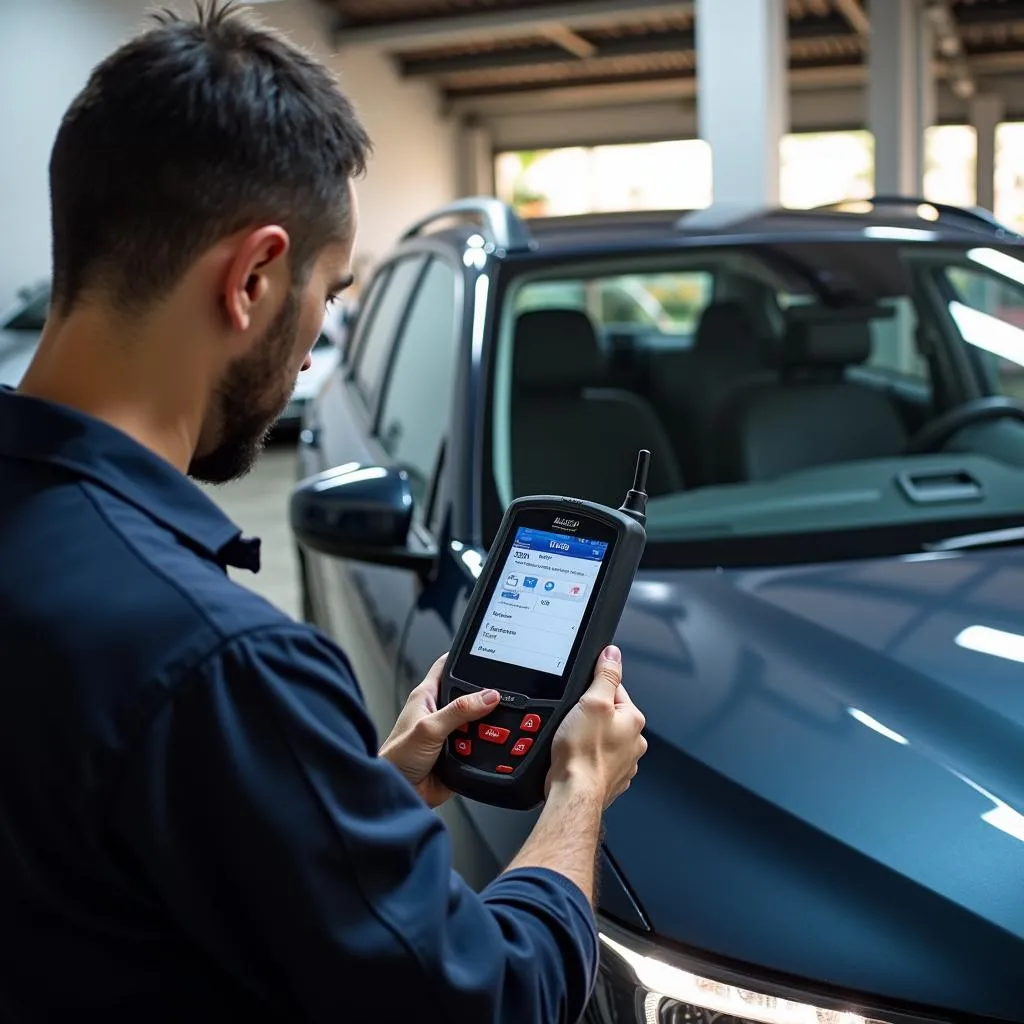 Mécanicien dans un garage au Mexique utilisant un scanner Autel sur une voiture européenne