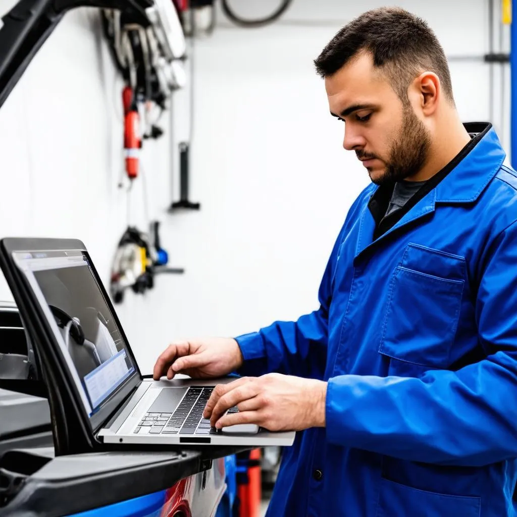 Un mécanicien en blouse bleue utilise un ordinateur portable pour commander des pièces détachées dans un garage.