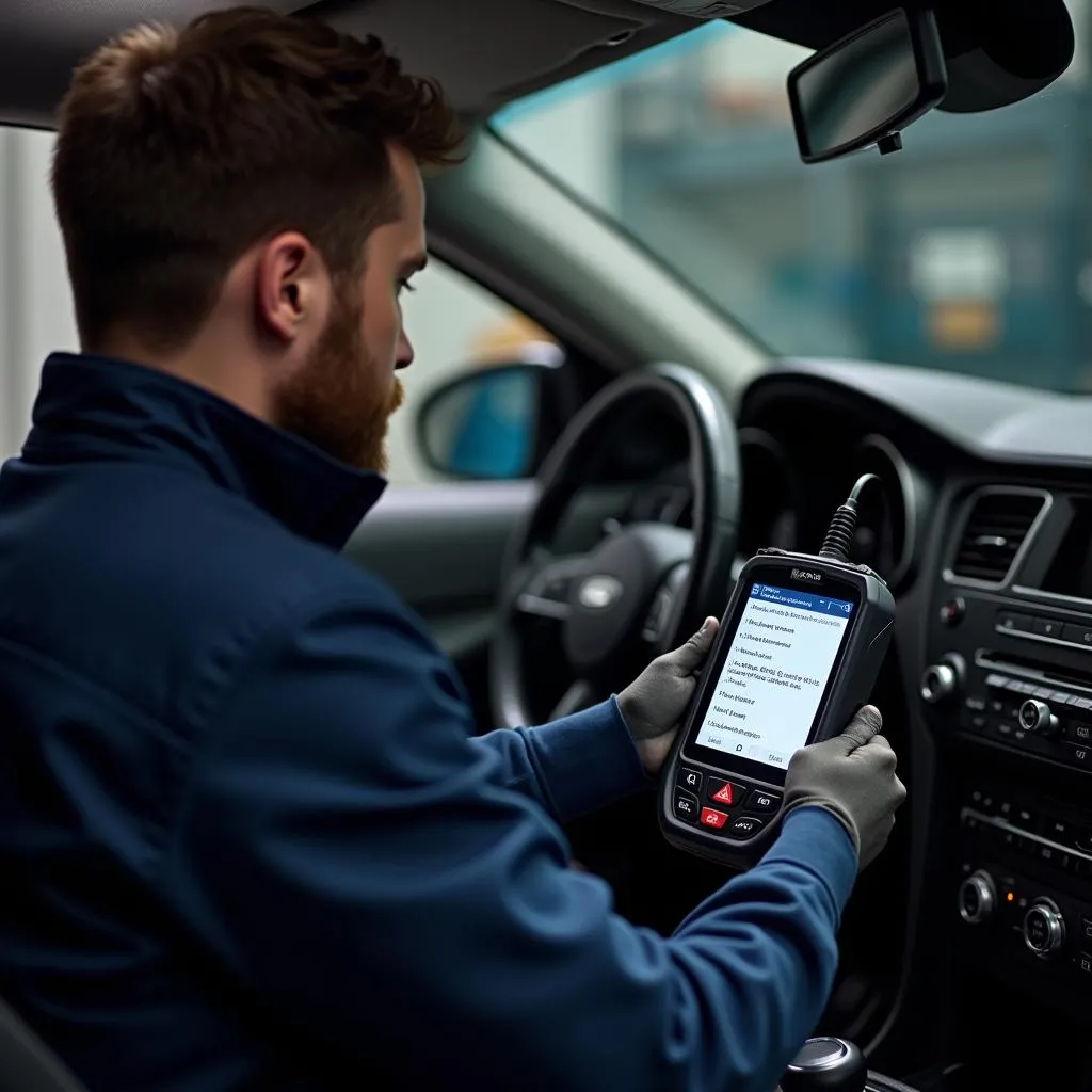 Mécanicien utilisant un outil de diagnostic dans un garage