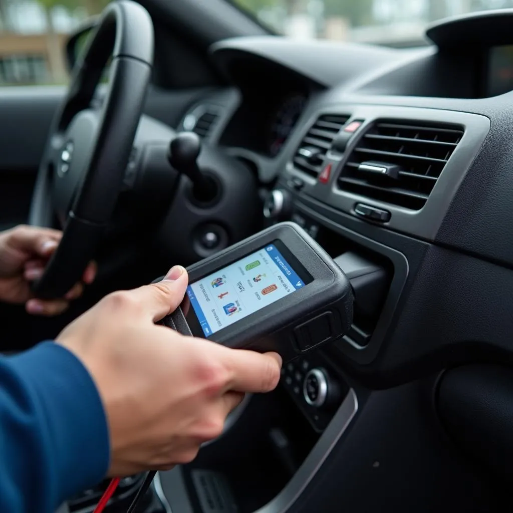 Mécanicien utilisant un outil de diagnostic professionnel dans un garage