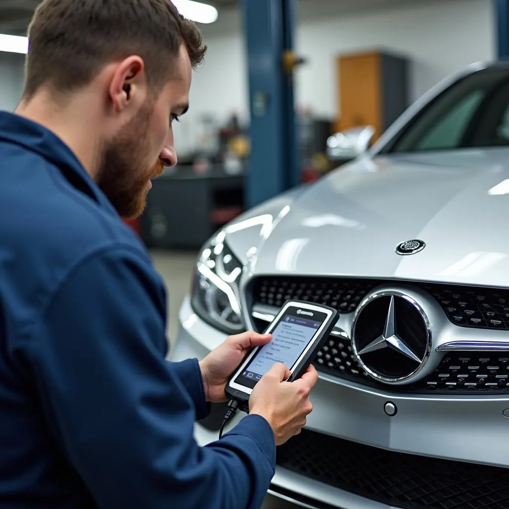 Mécanicien utilisant un outil de diagnostic pour identifier une erreur sur une voiture dans un garage