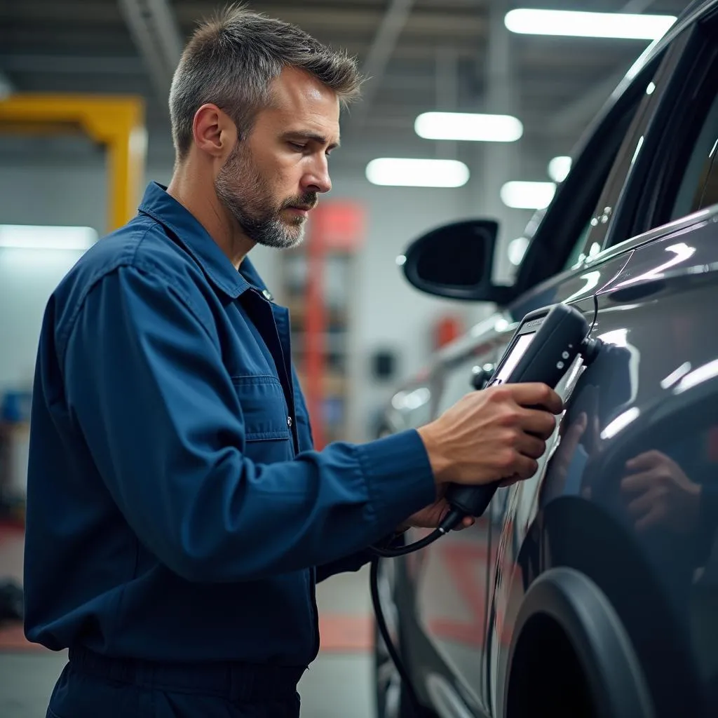 Mécanicien utilisant un scanner dans un garage